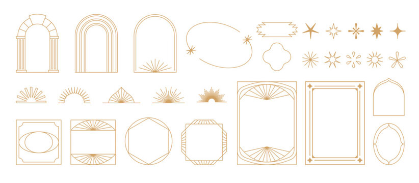 Vector set of design elements and illustrations in simple linear style - boho arch and border logo design elements and frames for social media stories and posts
