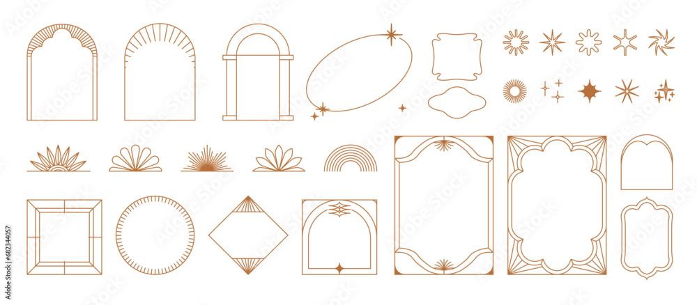 Poster Vector set of design elements and illustrations in simple linear style - boho arch and border logo design elements and frames for social media stories and posts
