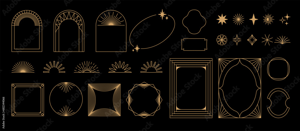 Poster Vector set of design elements and illustrations in simple linear style - boho arch and border logo design elements and frames for social media stories and posts