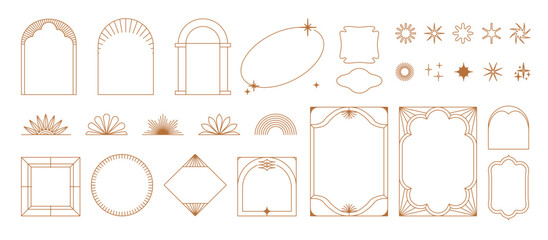 Vector set of design elements and illustrations in simple linear style - boho arch and border logo design elements and frames for social media stories and posts - obrazy, fototapety, plakaty