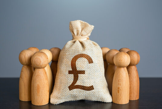 People figures stand around british pound sterling money bag. Organization of the community budget. Social politics. Deposits and loans. Salaries. Social payments. Crowdfunding and fundraising.