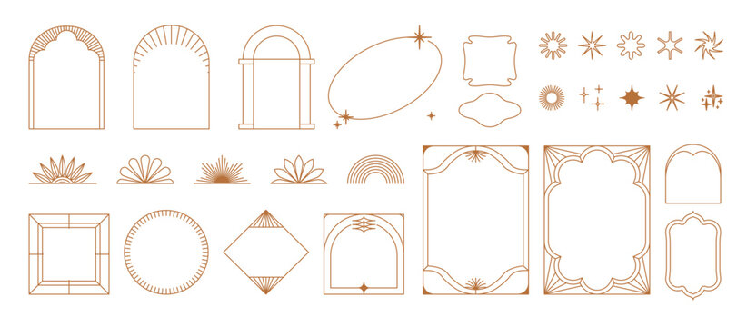 Vector set of design elements and illustrations in simple linear style - boho arch and border logo design elements and frames for social media stories and posts