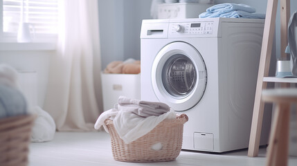 Fototapeta na wymiar Clothes drying rack, laundry basket and washing machine indoors