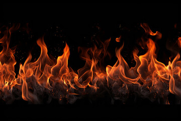 The effect graphic horizontal wallpaper banner of strongly hot fire flame on black background. Generative AI. - obrazy, fototapety, plakaty