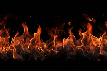 Photo sur Aluminium Feu The effect graphic horizontal wallpaper banner of strongly hot fire flame on black background. Generative AI.