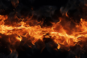 The effect graphic horizontal wallpaper banner of strongly hot fire flame on black background. Generative AI.