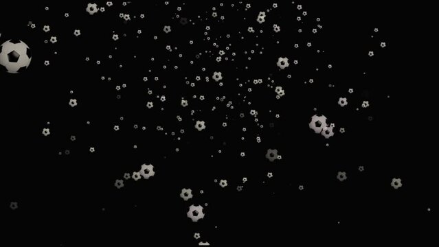 Real soccer balls in space are depicted in a seamless vector picture with a dark background.