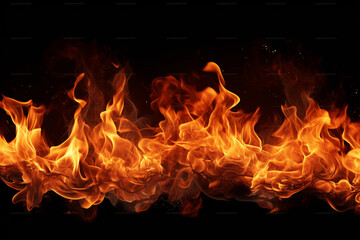 Fototapeta na wymiar The effect graphic horizontal wallpaper banner of strongly hot fire flame on black background. Generative AI.