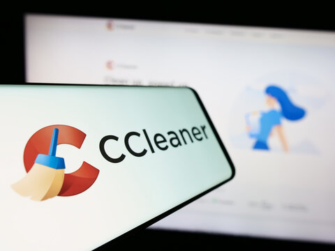 Stuttgart, Germany - 11-15-2023: Cellphone with logo of computer system clearning software CCleaner in front of business website. Focus on left of phone display.