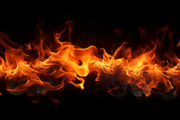 The effect graphic horizontal wallpaper banner of strongly hot fire flame on black background. Generative AI. - obrazy, fototapety, plakaty