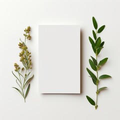 Blank white sheet of paper with plant branches, mockup, minimalism.