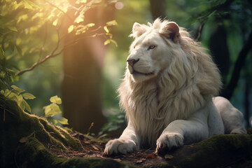 Leão branco majestoso selvagem na sombra da floresta verde - Papel de parede - obrazy, fototapety, plakaty