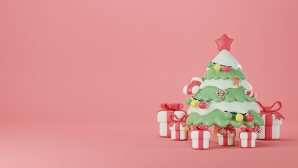Christmas tree with gifts and decorations on pink background