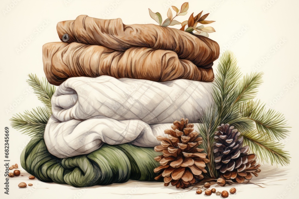 Aufkleber a painting of a stack of blankets and pine cones with a pine cone in the foreground and a pine cone 