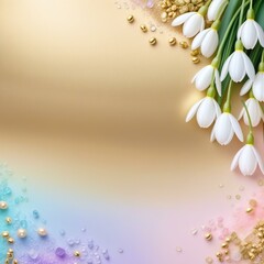 Fototapeta na wymiar Snowdrop Elegance: Gold and Pastel Background with Delicate Jewelry Accents