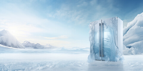 frozen fridge stands on ice in Antarctica, advertise banner concept background with space for text - obrazy, fototapety, plakaty