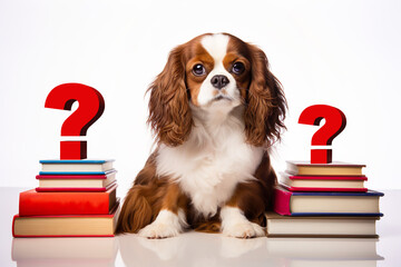 Cavalier King Charles Spaniel breed. Cute dog with stack of books, Question mark. Dog Encyclopedia with their history, evolution, and anatomy