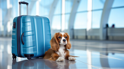 Flying with Little Dog, Dog with travel suitcase ready in airport waiting hall. King Charles spaniel carry animal id passport. Traveling by Plane