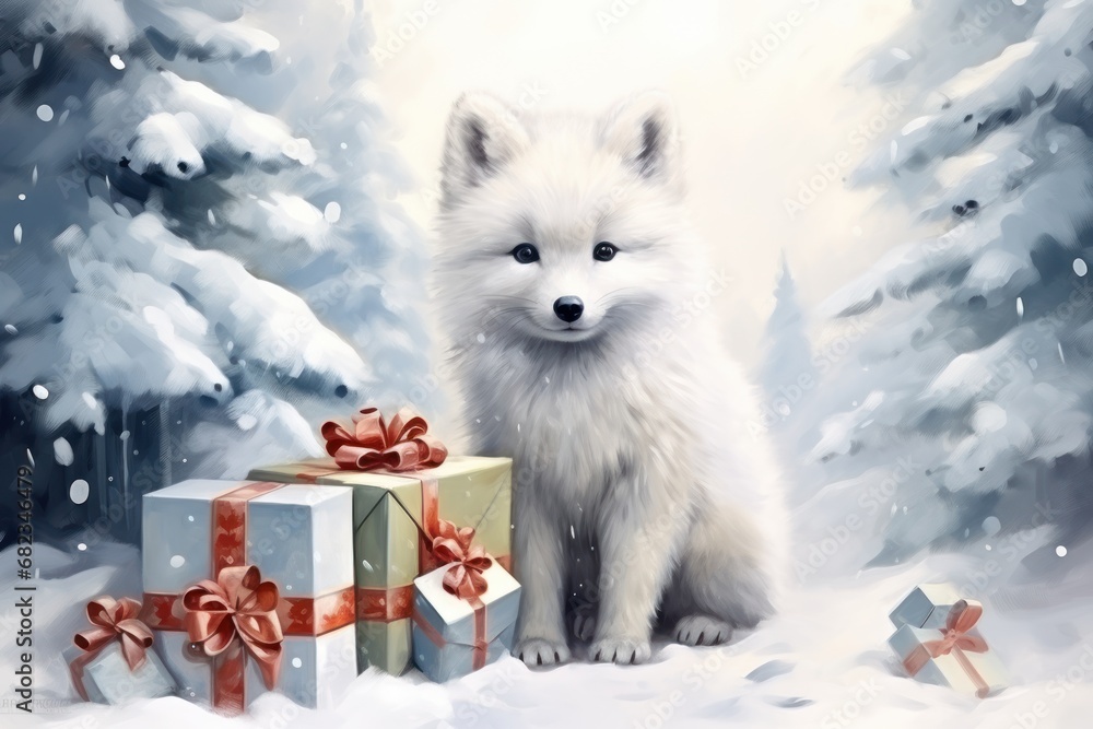 Poster a painting of a white fox sitting in the snow with presents in front of it and a christmas tree in t