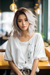 Asian woman wearing a casual and minimalist style poses in a coffee shop. Simplicity, beauty and modern fashion.