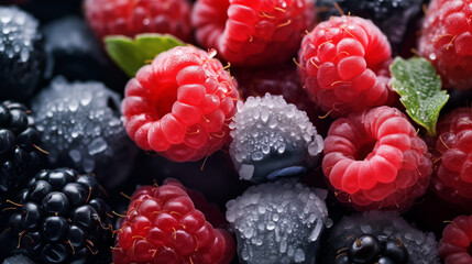 closeup frozen raspberries, blueberries, blackberry