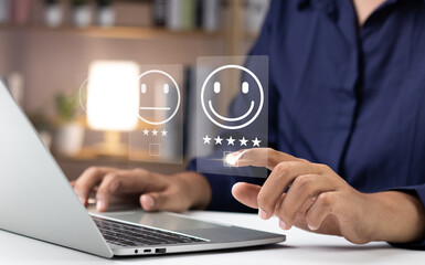 Online customer satisfaction survey feedback and ratings for business success, User give rating to service experience on online application, Quality service evaluation positive customer reviews.