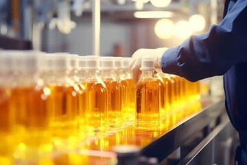 worker checking bottles of juice glasses in beverage factory production line