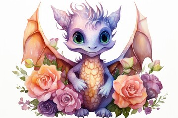 a watercolor painting of a baby dragon surrounded by pink roses and roses with a dragon's head on top of the dragon's wings, surrounded by roses, on a white background.