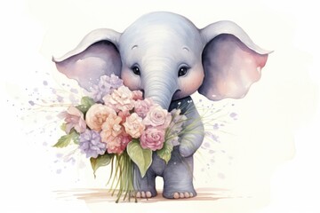  a painting of an elephant with flowers in it's trunk and its trunk stretched out to the side of the elephant's head, holding a bouquet of flowers in its trunk.
