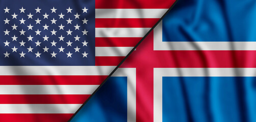 Mixed USA and Iceland flag, three dimensional render.