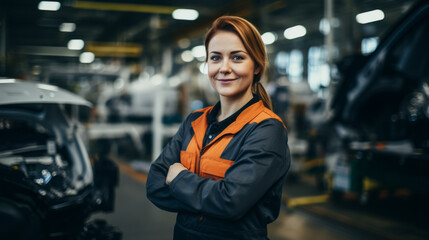 Portrait of a woman worker posing in front of a car assembly line in automotive industry
