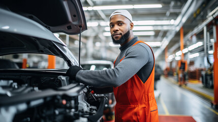 Portrait of a man worker working on a car assembly line for automotive industry