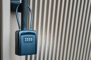 Security padlock with password dial that using to locking the door. Equipment object photo,...