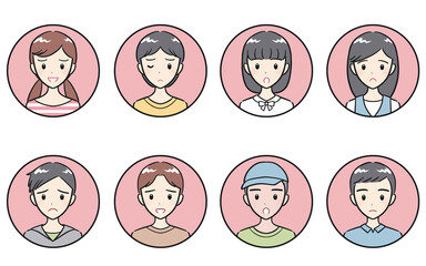 小学生の男子女子　ネガティブな表情　丸いアイコンセット　ピンク