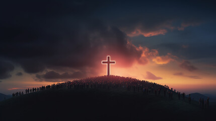 Obraz premium Persons walking to the safety of the Cross on a mountain