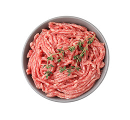 Fresh raw ground meat and thyme in bowl isolated on white, top view