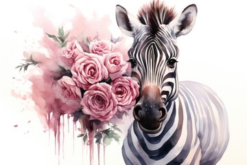 Fototapeta na wymiar a painting of a zebra holding a bouquet of flowers in front of a watercolor painting of a zebra with pink roses on it's head and a white background.
