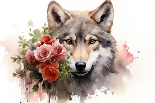  a watercolor painting of a wolf with roses in it's mouth and behind it is a watercolor painting of a wolf with roses in it's mouth.