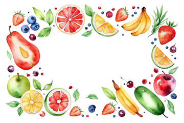 frame of watercolor fruits and tropical fruit page card template on transparent background - obrazy, fototapety, plakaty