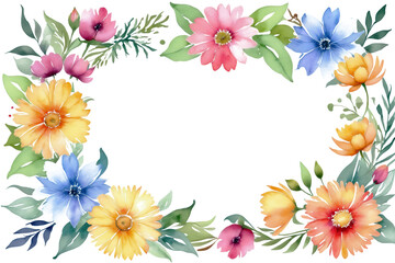 frame of watercolor spring flower page card template on transparent background