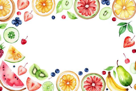frame of watercolor fruits and tropical fruit page card template on transparent background