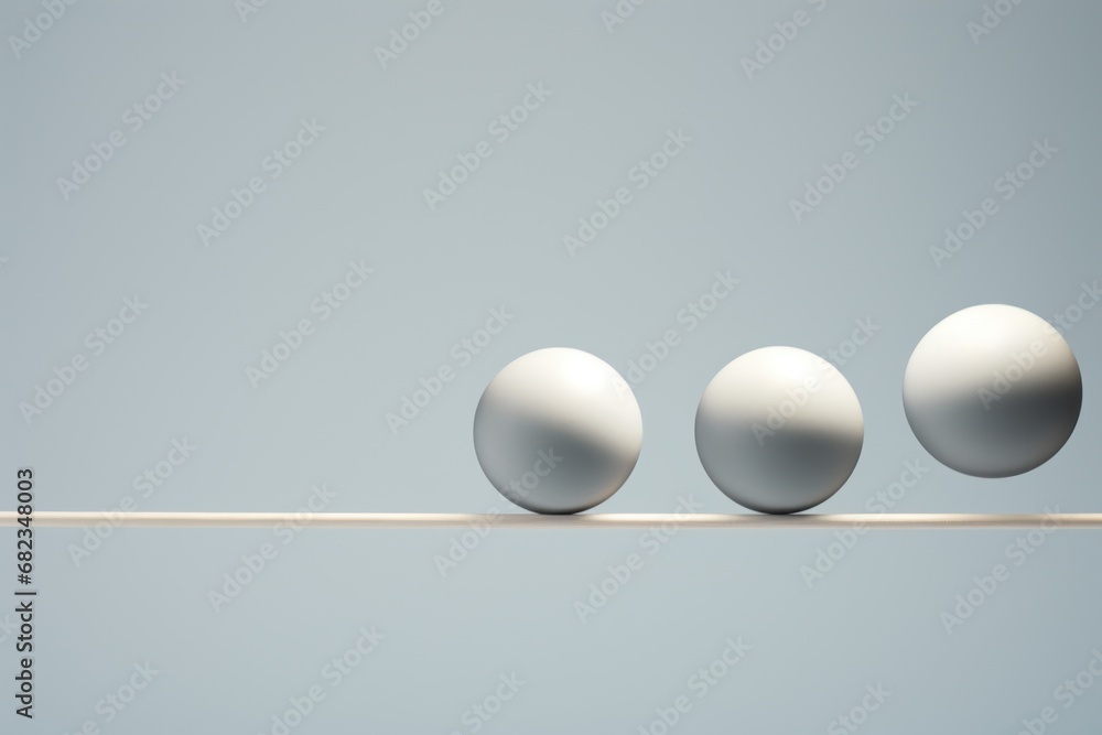 Poster a group of three eggs sitting on top of a wooden balance beam in front of a light blue background wi
