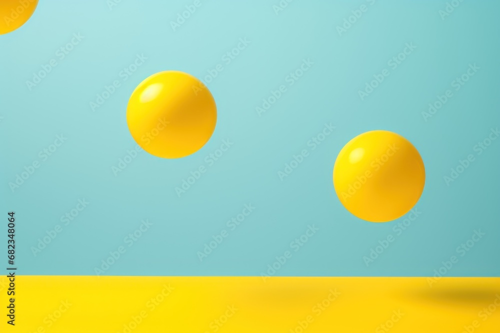 Poster a group of oranges floating in the air on a blue and yellow background with a blue sky in the backgr