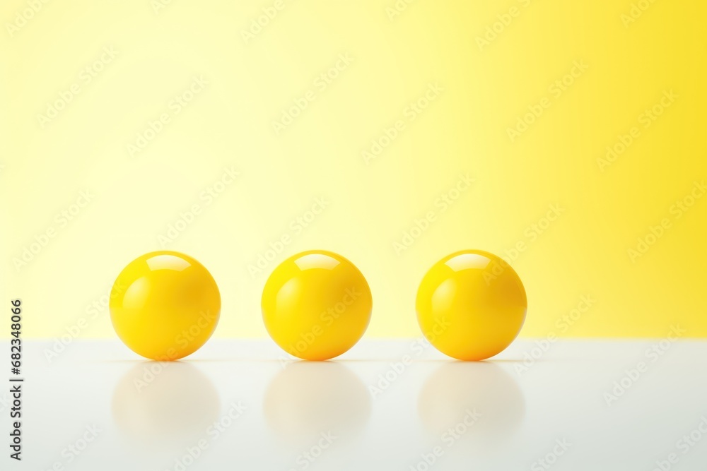 Poster a group of three yellow balls sitting next to each other on a white surface with a yellow and yellow
