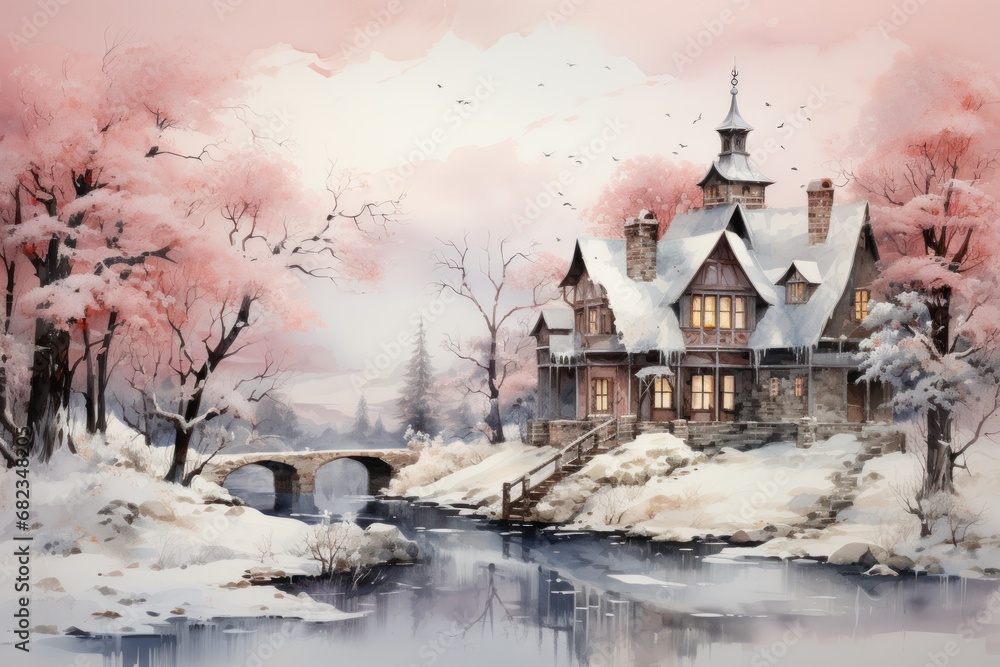 Poster a painting of a winter scene with a house and a bridge in the foreground and a stream running throug