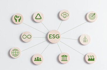  ESG environmental, social and governance. ESG icons network connection on circle wood block for...