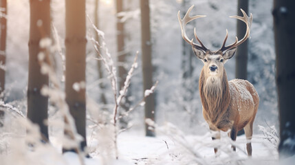 Straight on close up of a white-tailed deer standing in the snow