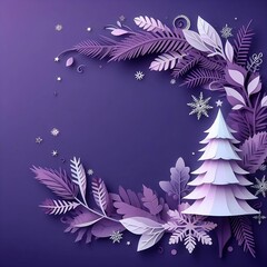 Fototapeta na wymiar Winter purple Christmas background Xmas modern design set in paper cut style with Christmas tree pine branches and snowflakes Usable for social media, banner space for copy created with generative ai