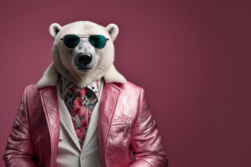 Portrait of a cool and funny Polar bear in a pink jacket and sunglasses, Anthropomorphic animal character