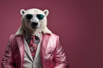 Fototapeten Portrait of a cool and funny Polar bear in a pink jacket and sunglasses, Anthropomorphic animal character © rabbizz77